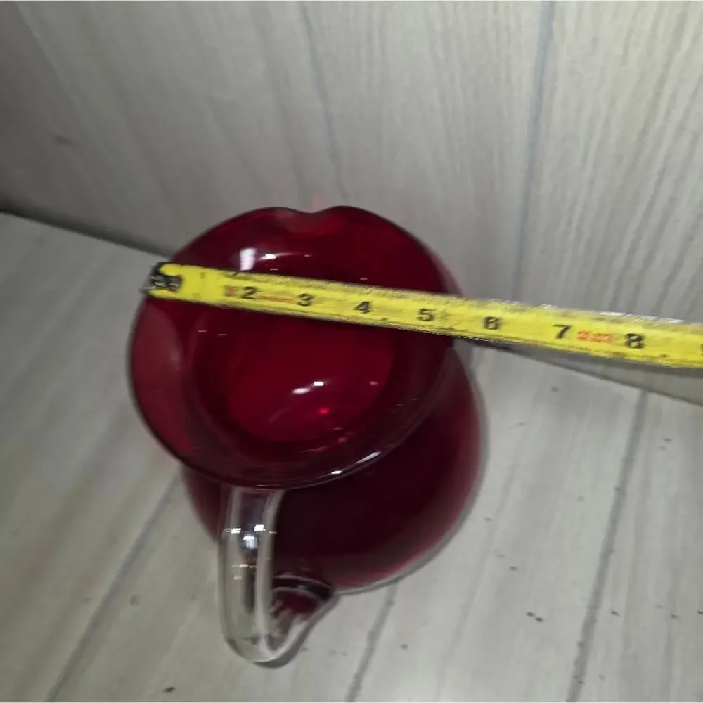 Vtg Hand-Blown Ruby Red Pitcher With Clear Handle Victorian 7